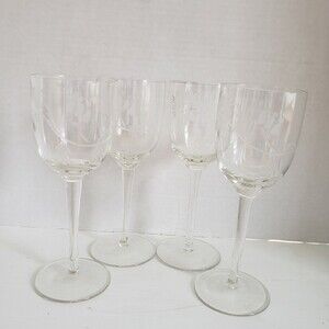 Wine Glasses Etched Flowers Set of 4 Stemmed Crystal 7 inch Unbranded Vintage